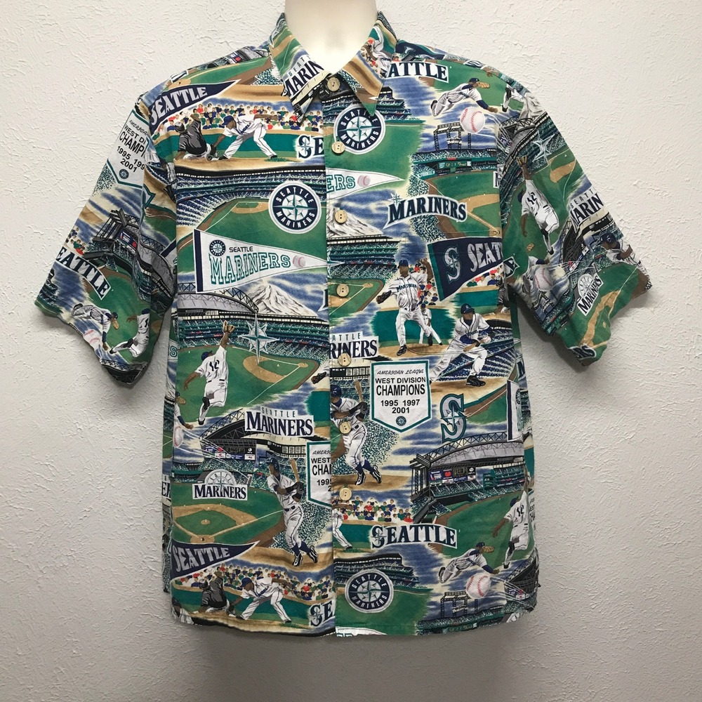 Reyn Spooner Seattle Mariners Shirt Mens XL Green Vintage AL West Champs AOP